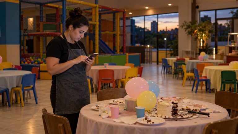 Funcionária de avental confere o celular ao lado de mesa com bolo cortado, copos e balões em salão de buffet infantil vazio ao entardecer.