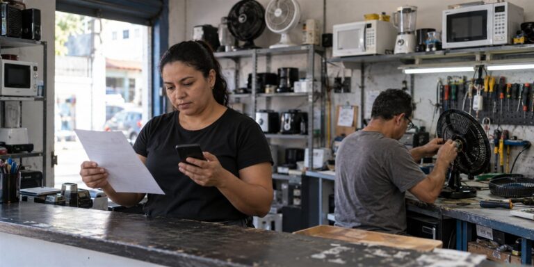 Atendente lê uma folha de papel e consulta o celular no balcão de uma assistência técnica, enquanto um colega repara um ventilador.
