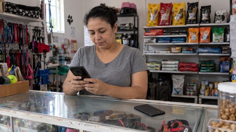 Mulher atrás do balcão de um pet shop olha para um celular, com outro aparelho sobre o balcão de vidro e produtos para animais ao fundo.