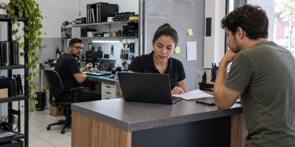Atendente no computador, cliente no balcão e técnico ao fundo em uma assistência de notebooks.