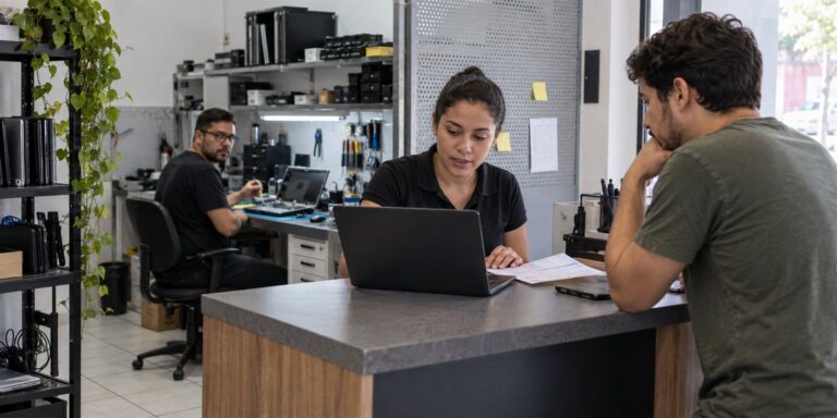 Atendente no computador, cliente no balcão e técnico ao fundo em uma assistência de notebooks.