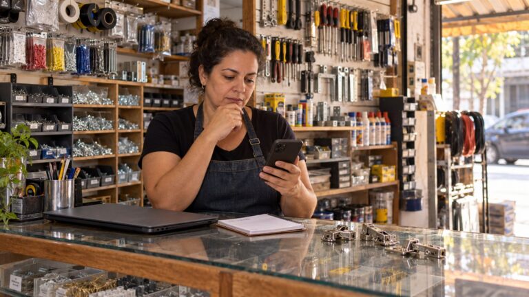 Atendente de loja de ferragens olha o celular atrás de um balcão com dobradiças.