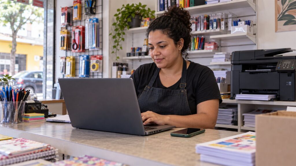Atendente de papelaria trabalha em um notebook, com celular sobre o balcão ao lado.