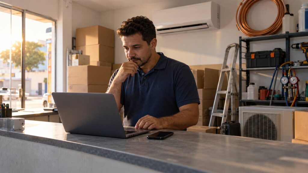Vendedor de uma loja de ar-condicionado olha o notebook no balcão, com o celular ao lado; ao fundo há um split na parede, caixas, cobre, escada, manômetros e uma condensadora.
