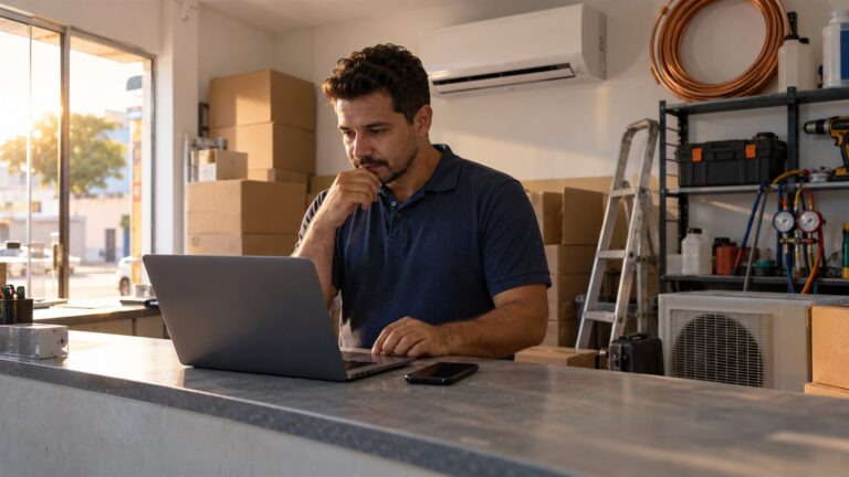 Vendedor de uma loja de ar-condicionado olha o notebook no balcão, com o celular ao lado; ao fundo há um split na parede, caixas, cobre, escada, manômetros e uma condensadora.
