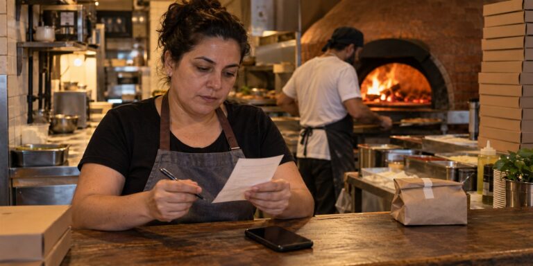 Dona de pizzaria de avental confere uma comanda de papel com a caneta na mão, apoiada num balcão de madeira com o celular apagado e um pedido embalado em papel kraft. Ao fundo, um pizzaiolo trabalha diante do forno a lenha aceso, ao lado de uma pilha de caixas lisas.