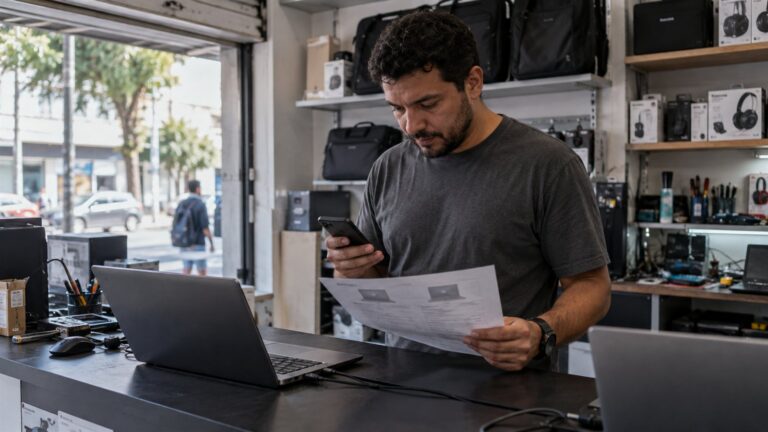 Pessoa consulta o celular e uma ficha de produto ao lado de um notebook em uma loja de informática.