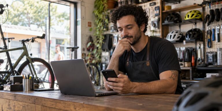 Atendente de loja de bicicletas olhando o celular ao lado de um notebook no balcão.