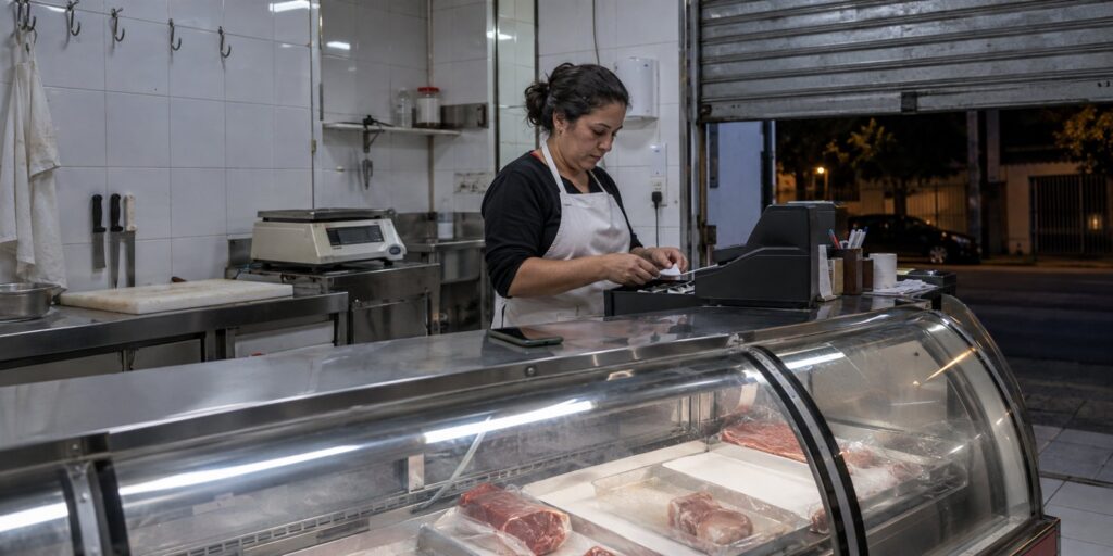 Dona de uma casa de carnes de bairro, de avental branco, confere papéis na gaveta do caixa à noite; o celular está apagado sobre o balcão refrigerado com poucas peças de carne embaladas, e a porta de aço meio abaixada mostra a rua escura.
