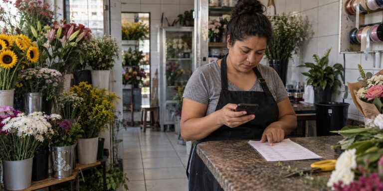 Atendente consulta uma folha no balcão de uma floricultura enquanto segura o celular, cercada por vasos de flores.
