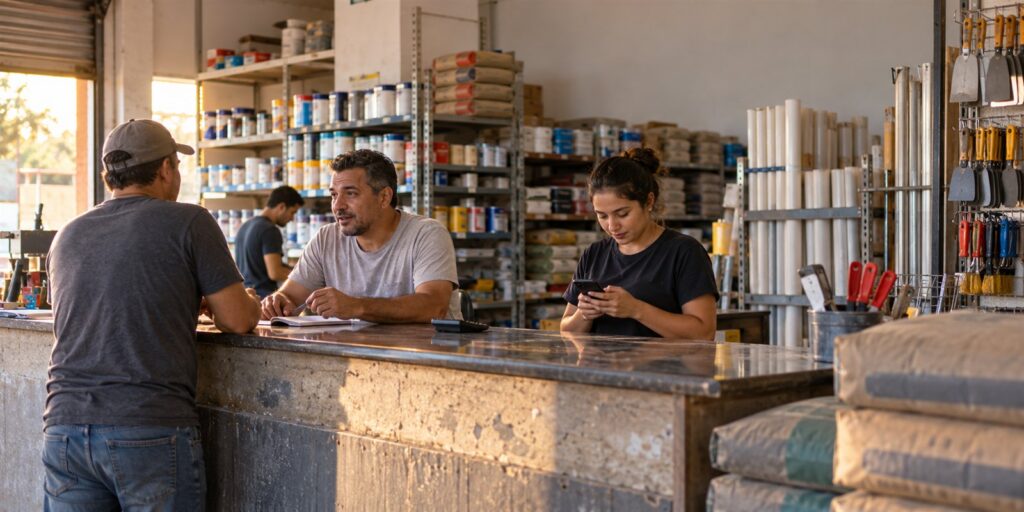 Balcão de uma loja de materiais de construção: um vendedor anota o pedido de um cliente de boné visto de costas, enquanto uma vendedora olha o celular; ao fundo, outro vendedor, estantes com latas de tinta e sacos de cimento, tubos e ferramentas penduradas.