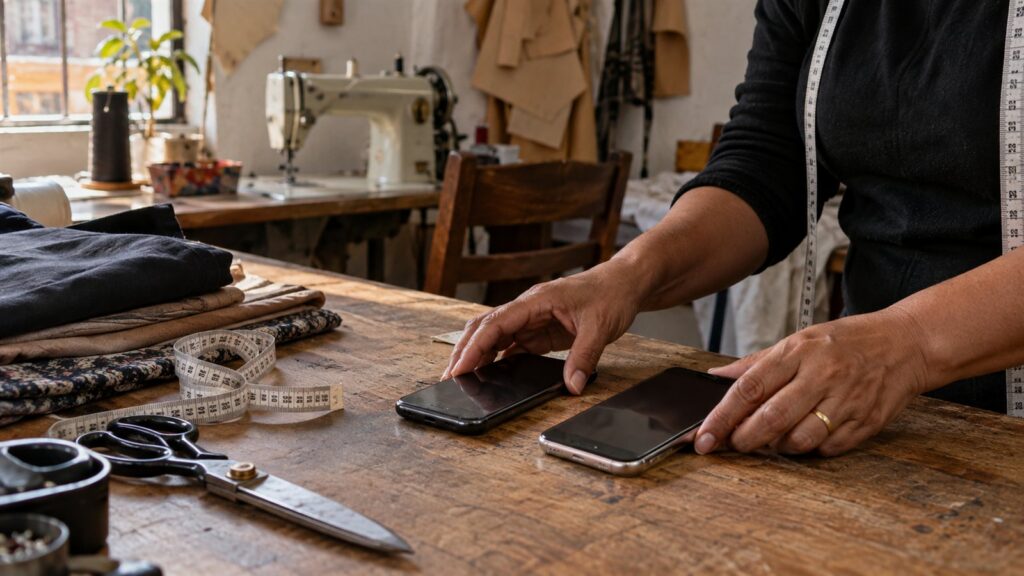 Pessoa confere dois celulares sobre uma mesa de ateliê com tecidos, fita métrica e tesoura.