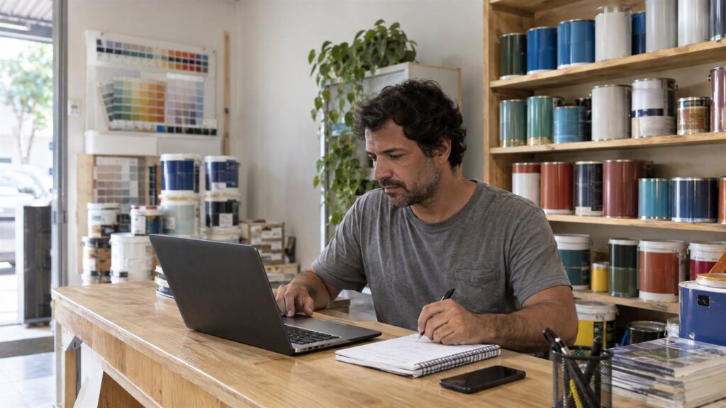Pessoa confere anotações e notebook no balcão de uma loja de tintas