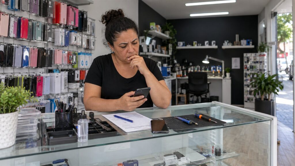 Profissional de assistência técnica olha o celular atrás de um balcão com ferramentas e ordem de serviço.
