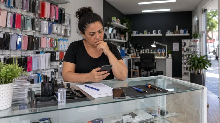 Profissional de assistência técnica olha o celular atrás de um balcão com ferramentas e ordem de serviço.
