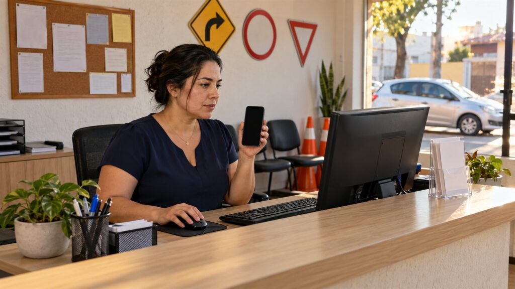 Atendente na recepção de uma autoescola segura o celular com uma mão e usa o mouse do computador com a outra; ao fundo, placas de trânsito na parede, cones e um carro estacionado na rua.