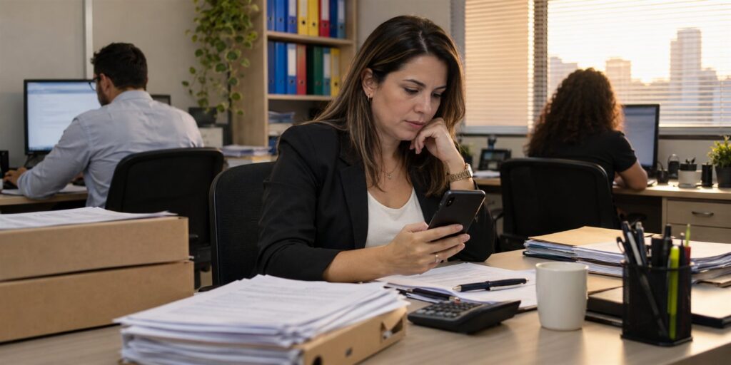 Contadora de blazer preto olha o celular na mesa de um escritório pequeno, entre pilhas de papéis, caixas-arquivo, calculadora e caneca. Ao fundo, dois colegas trabalham no computador diante de uma estante de pastas e de uma janela com persianas ao entardecer.