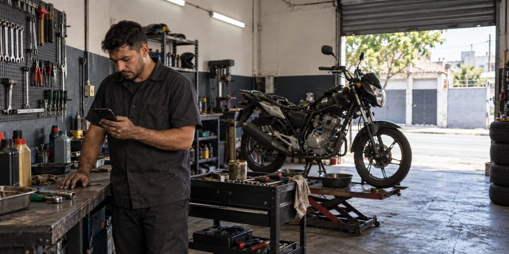 Homem de camisa escura e mãos sujas de graxa olha o celular numa oficina de motos, com uma moto preta sobre elevador ao fundo