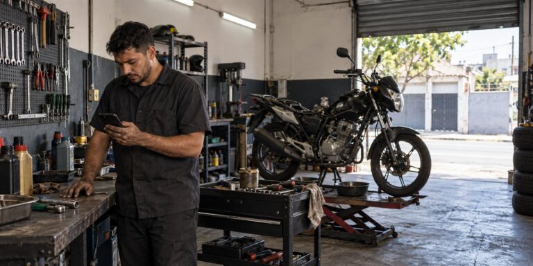 Homem de camisa escura e mãos sujas de graxa olha o celular numa oficina de motos, com uma moto preta sobre elevador ao fundo