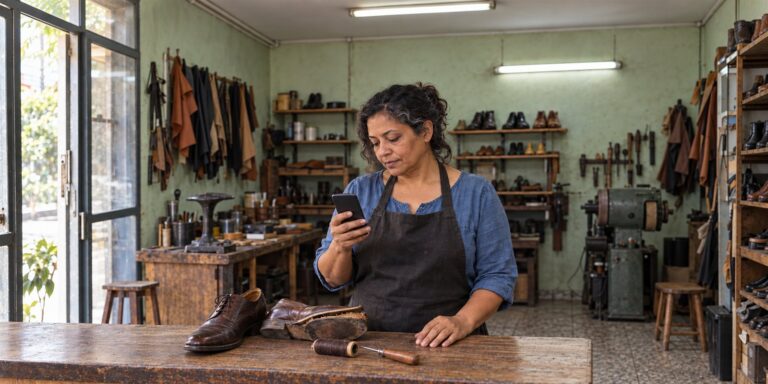 Mulher de cabelo cacheado escuro com mechas grisalhas olha o celular atrás de um balcão de madeira com dois sapatos sociais marrons, um com a sola solta; oficina ao fundo.