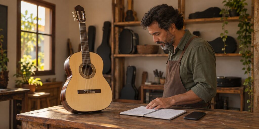 Homem de cabelo escuro cacheado e barba grisalha, de camisa verde e avental marrom, olha para um caderno aberto de espiral sobre um balcão de madeira, com a mão esquerda sobre a página. Ao lado do caderno há um celular escuro deitado; à esquerda, um violão de cordas de nylon em pé sobre o balcão; ao fundo, estantes de madeira com estojos de instrumentos, uma janela e plantas.