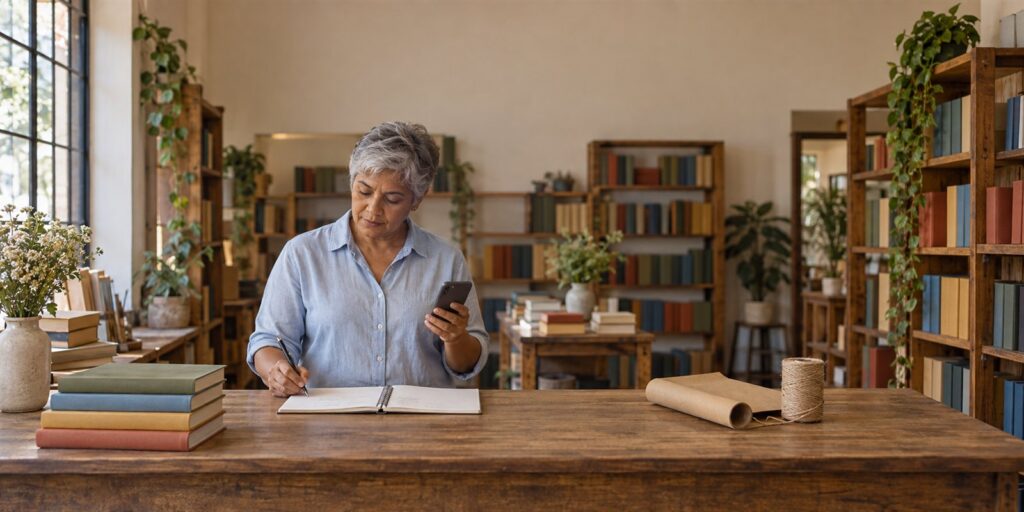 Mulher de cabelo curto grisalho e camisa azul-clara escreve com uma caneta num caderno espiral aberto sobre um balcão de madeira e segura um celular com a outra mão; sobre o balcão há uma pilha de livros de capa lisa colorida, um rolo de papel kraft e um carretel de barbante, e ao fundo aparecem estantes de madeira com livros, plantas e uma janela.