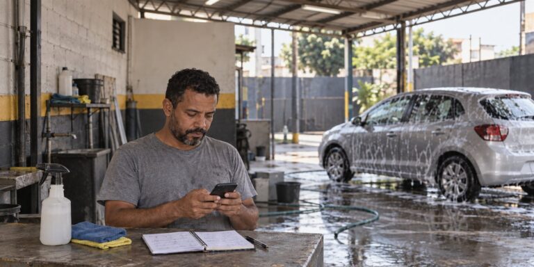 Homem de barba olha o celular nas mãos, sentado a uma bancada com caderno aberto, borrifador e panos; ao fundo, carro prata coberto de espuma sob telhado.
