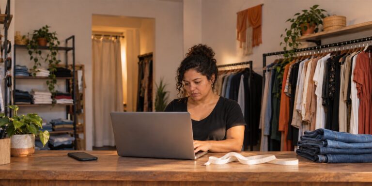 Mulher de cabelo cacheado preso digita num notebook sobre um balcão de madeira com celular, fita métrica e jeans dobrados; ao fundo, araras de roupas.