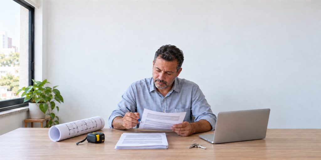 Homem de camisa azul revisa à caneta uma folha impressa numa mesa, com notebook aberto, papéis, chaves e fita métrica.