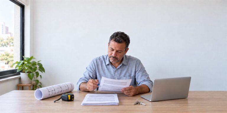 Homem de camisa azul revisa à caneta uma folha impressa numa mesa, com notebook aberto, papéis, chaves e fita métrica.