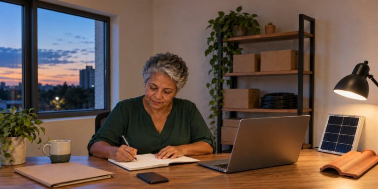 Mulher de cabelo grisalho escreve num caderno à mesa com notebook, celular, caneca, amostra de painel solar e telha cerâmica; janela com céu de fim de tarde.
