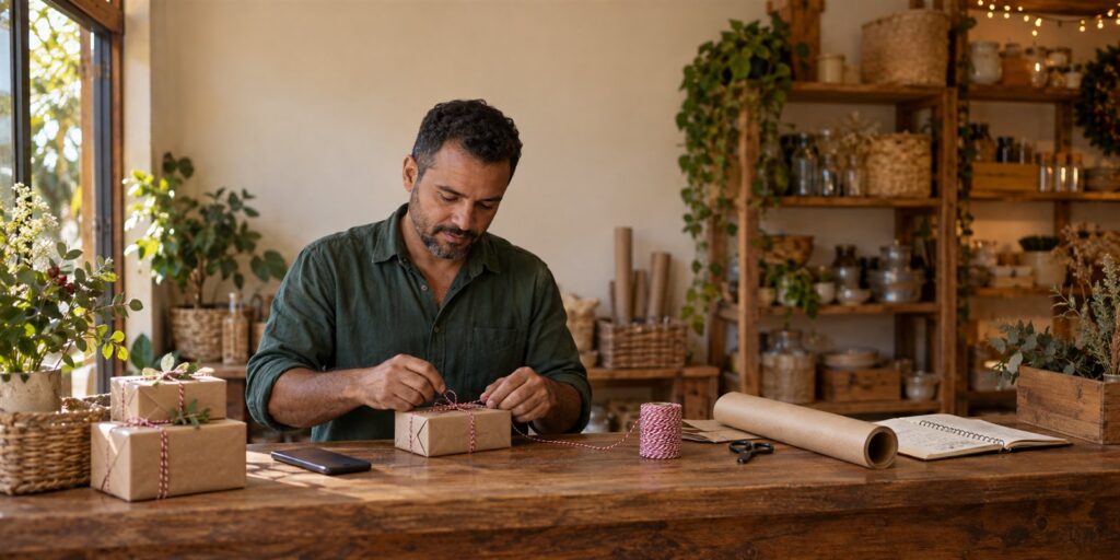 Homem de cabelo escuro cacheado e barba curta, com camisa verde de mangas dobradas, amarra barbante vermelho e branco num pacote de papel kraft sobre um balcão de madeira. Ao lado há pacotes empilhados, um rolo de papel kraft, uma tesoura, um carretel de barbante, um caderno aberto e um celular deitado de costas; ao fundo, plantas, uma janela e estantes de madeira com potes.