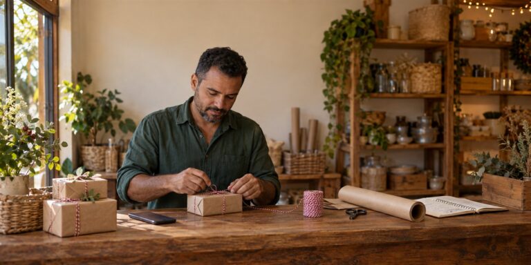 Homem de cabelo escuro cacheado e barba curta, com camisa verde de mangas dobradas, amarra barbante vermelho e branco num pacote de papel kraft sobre um balcão de madeira. Ao lado há pacotes empilhados, um rolo de papel kraft, uma tesoura, um carretel de barbante, um caderno aberto e um celular deitado de costas; ao fundo, plantas, uma janela e estantes de madeira com potes.