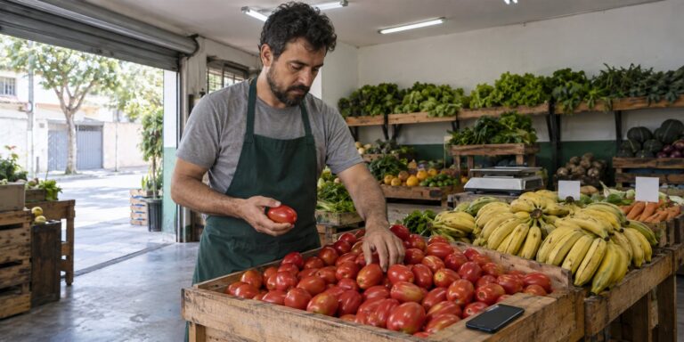 Dono de hortifrúti de avental verde segura um tomate italiano e arruma uma caixa de tomates ao lado de cachos de banana-prata e de um celular apagado.