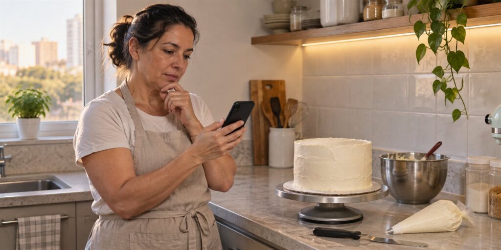 Mulher de avental com a mão no queixo olha o celular numa cozinha de confeitaria, ao lado de um bolo com cobertura branca sobre um prato giratório