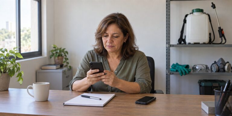 Mulher de cabelo castanho olha o celular nas mãos, sentada a uma mesa de escritório; ao fundo, estante com pulverizador costal, luvas, óculos e máscara.