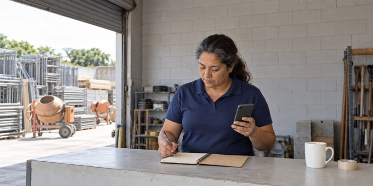 Mulher de cabelo escuro com fios grisalhos, preso num rabo de cavalo, escreve num caderno espiral e segura um celular atrás de um balcão cinza; pela porta de enrolar aberta aparecem pilhas de andaimes metálicos e duas betoneiras laranja num pátio.