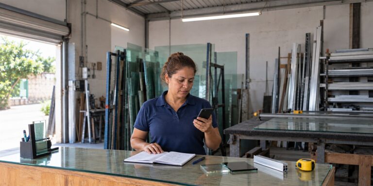 Mulher de polo azul-marinho olha o celular atrás de balcão de vidro com caderno, amostras de vidro, perfil de alumínio e trena; ao fundo, chapas de vidro.