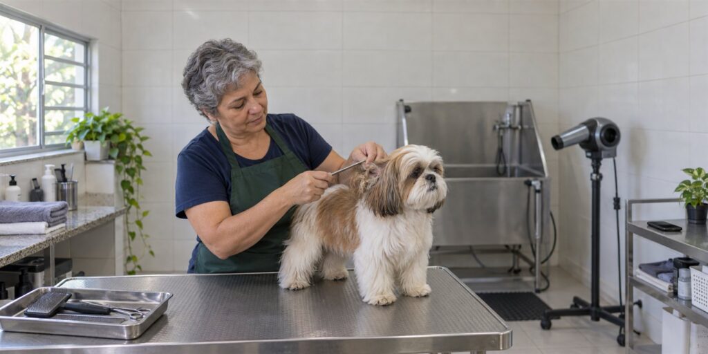 Mulher de cabelo grisalho curto e avental verde penteia uma mecha embolada atrás da orelha de um shih-tzu caramelo e branco sobre uma mesa de inox.