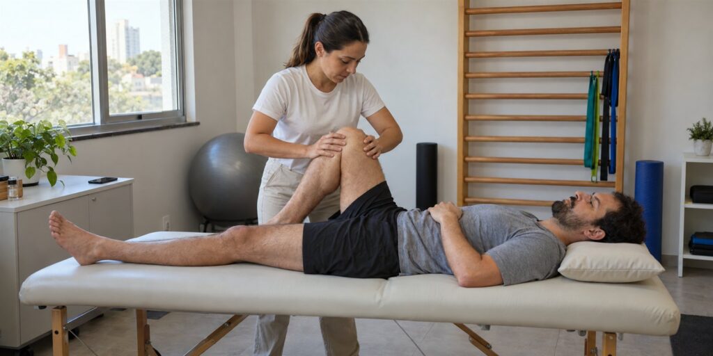 Mulher de camiseta branca apoia as mãos no joelho flexionado de um homem deitado numa maca, em sala com espaldar de madeira, faixas elásticas e celular apagado no balcão.