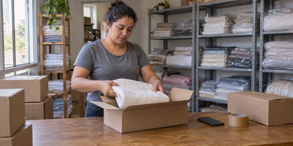 Funcionária de camiseta cinza coloca uma toalha branca dobrada numa caixa de papelão, sobre uma mesa de madeira com um celular apagado e um rolo de fita, diante de estantes com roupa de cama ensacada.